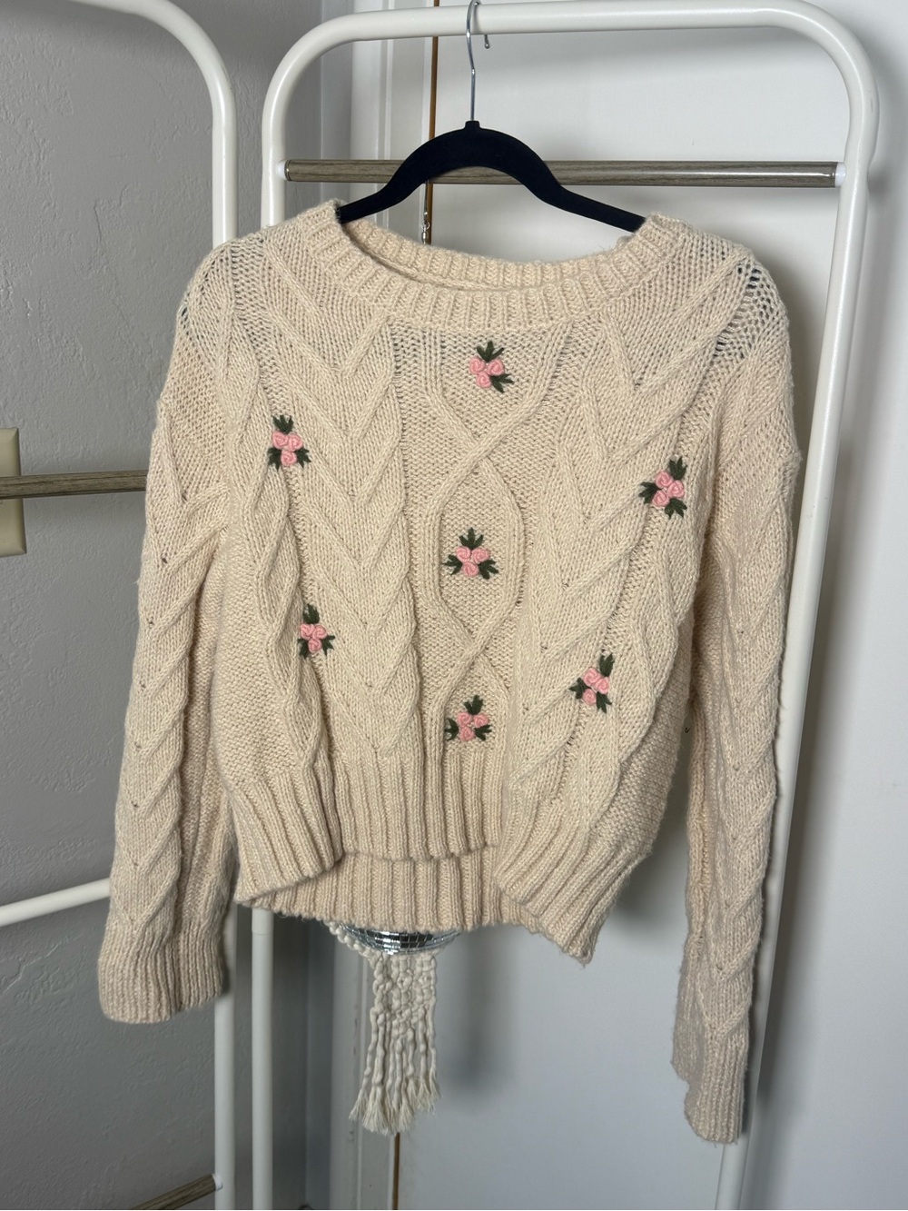 Sadie & Sage Cream Cable Knit Sweater with Pink Floral Detail
